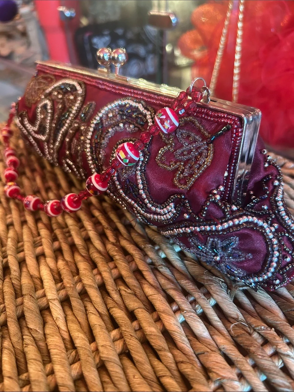 Embellished Beaded Clutch Bag – Red